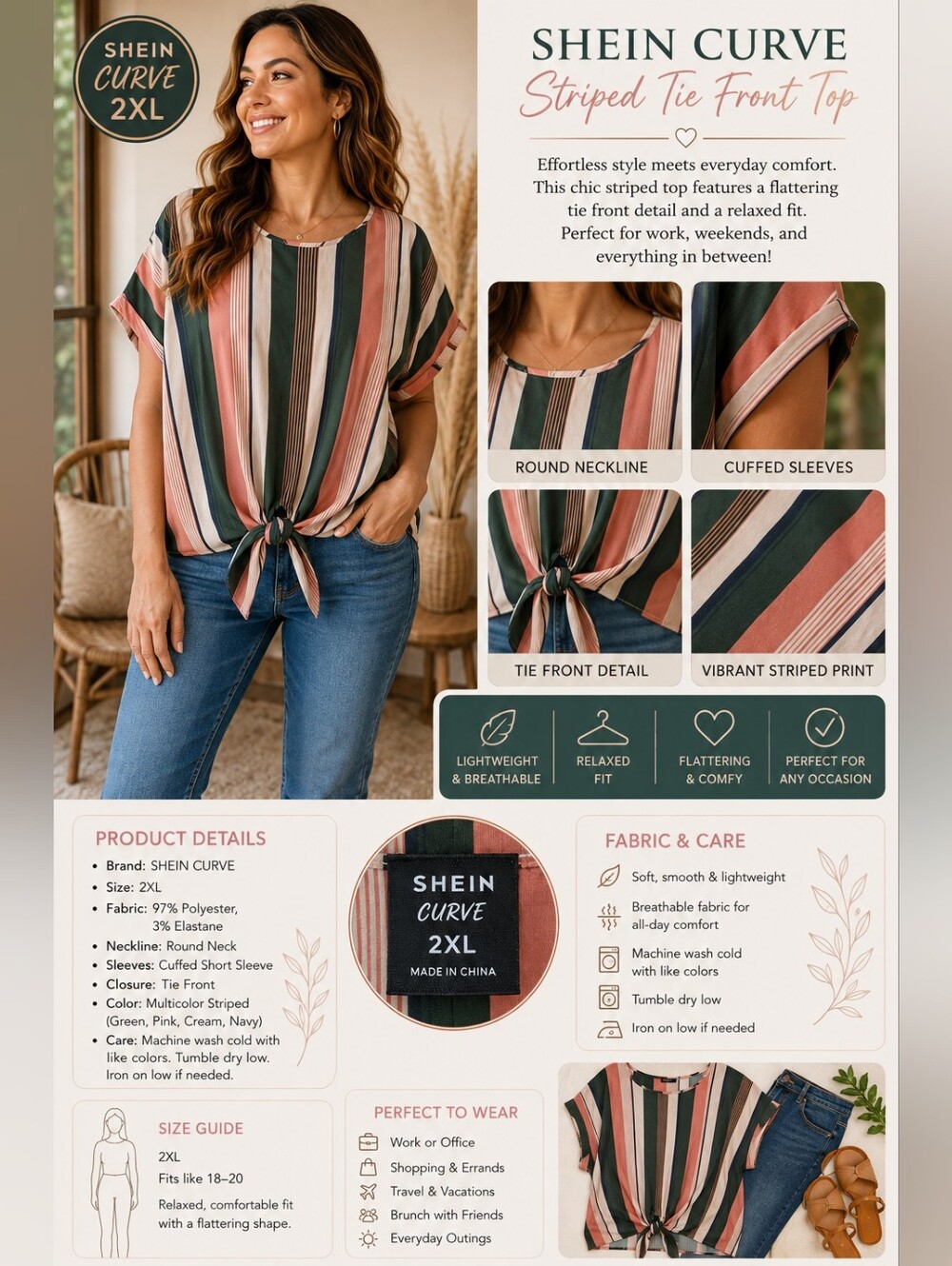 SHEIN Multicolor Vertical Stripe Tie-Front Blouse - Pink, Green & Cream